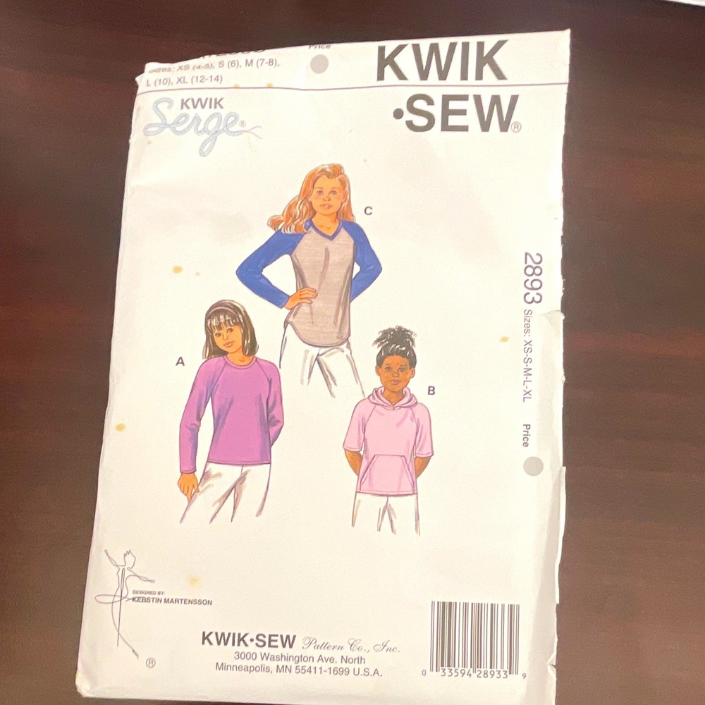 Kwik Sew 2893 Girls Shirt Sewing Pattern Raglan Hoodie XS-XL 2893